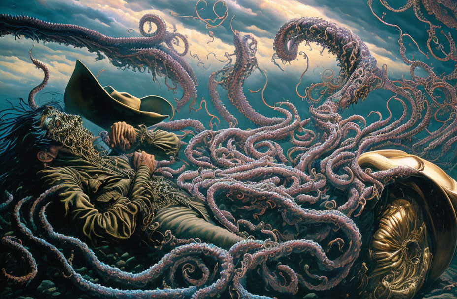 Surreal artwork of person in pirate hat with octopus tentacles in nautical setting