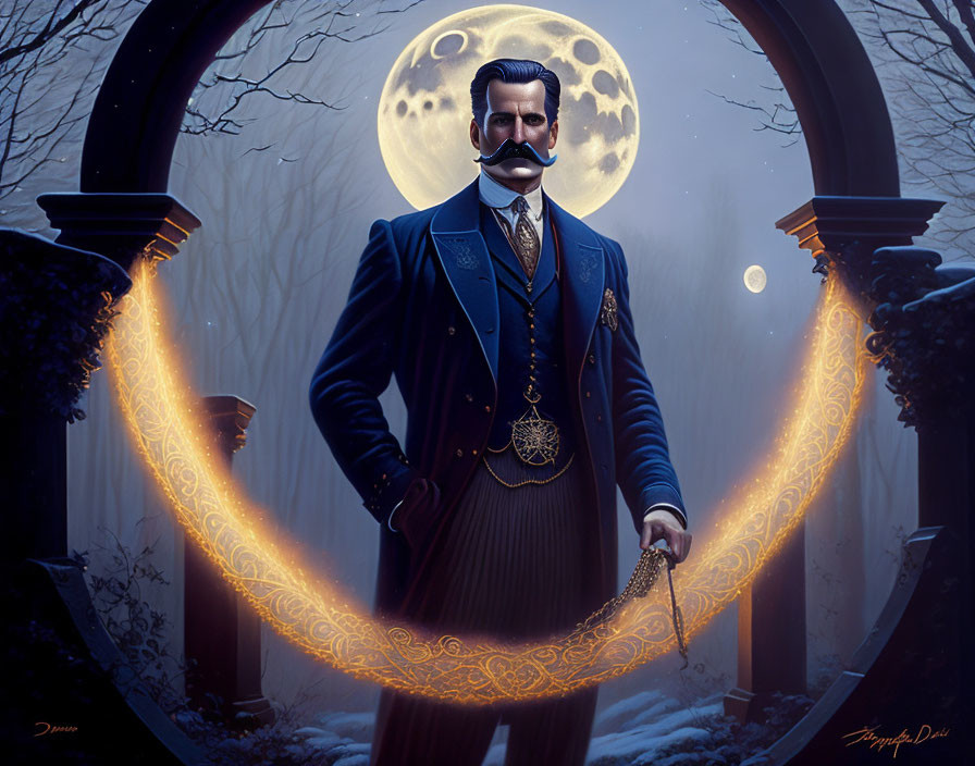 Victorian man with pocket watch under full moon in mystical foggy setting