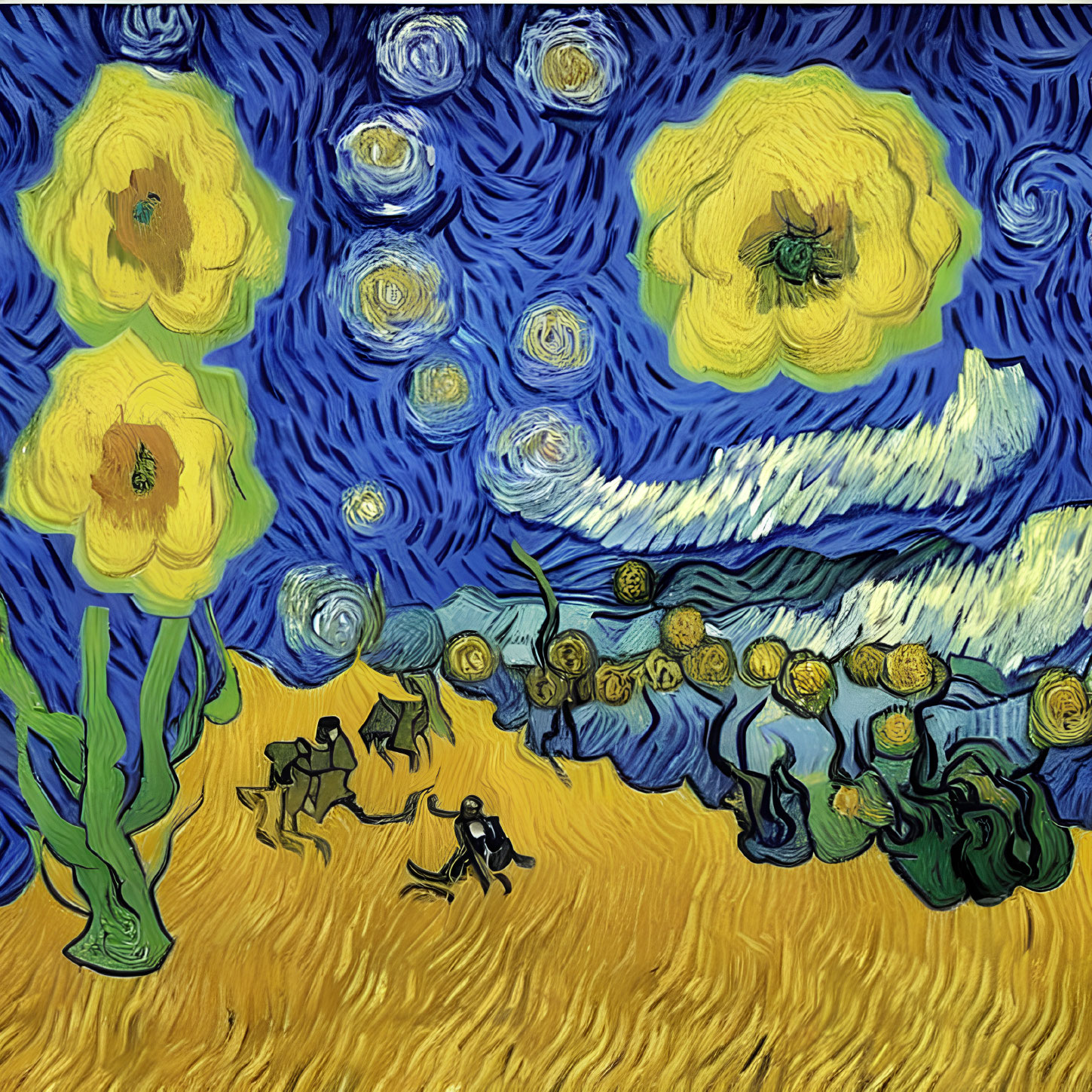 Vibrant yellow flowers and swirling blue sky in stylized painting