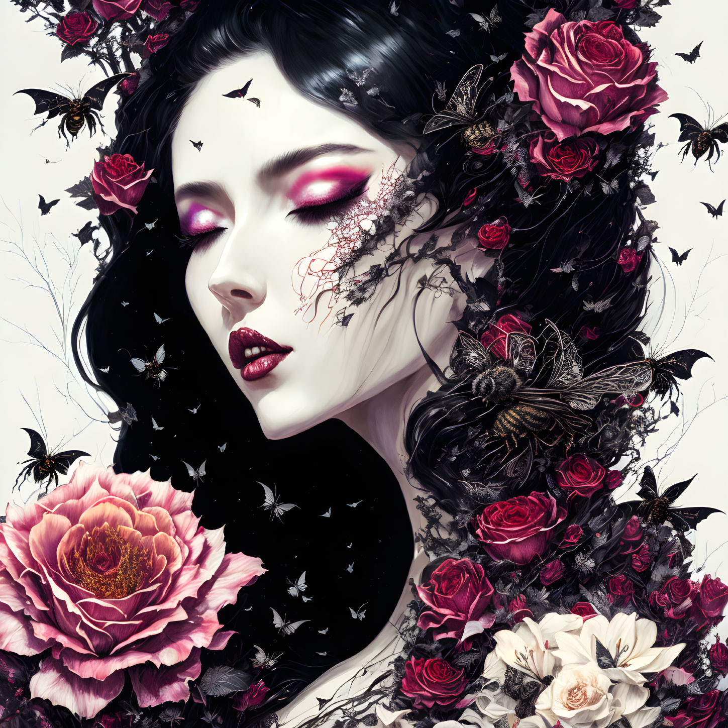 Digital Artwork: Woman with Dark Hair, Roses, and Insects in Gothic Fantasy Theme