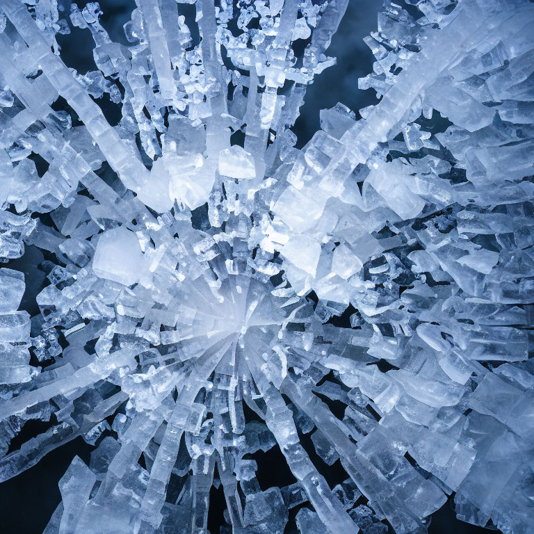 Intricate Ice Crystal Cluster Radiating Pattern on Deep Blue Background