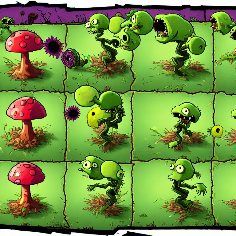 Cartoon zombie illustrations in various stages emerging from the ground among plants