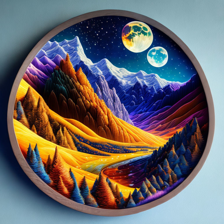 Circular surreal landscape painting with colorful mountains, trees, river, night sky, full moon.