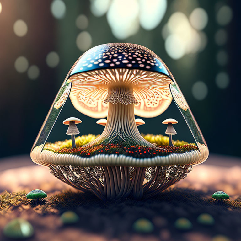 Detailed illustration of large glowing mushroom in magical forest