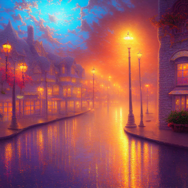 Misty cobblestone street at dusk with glowing lamps and serene water canal.