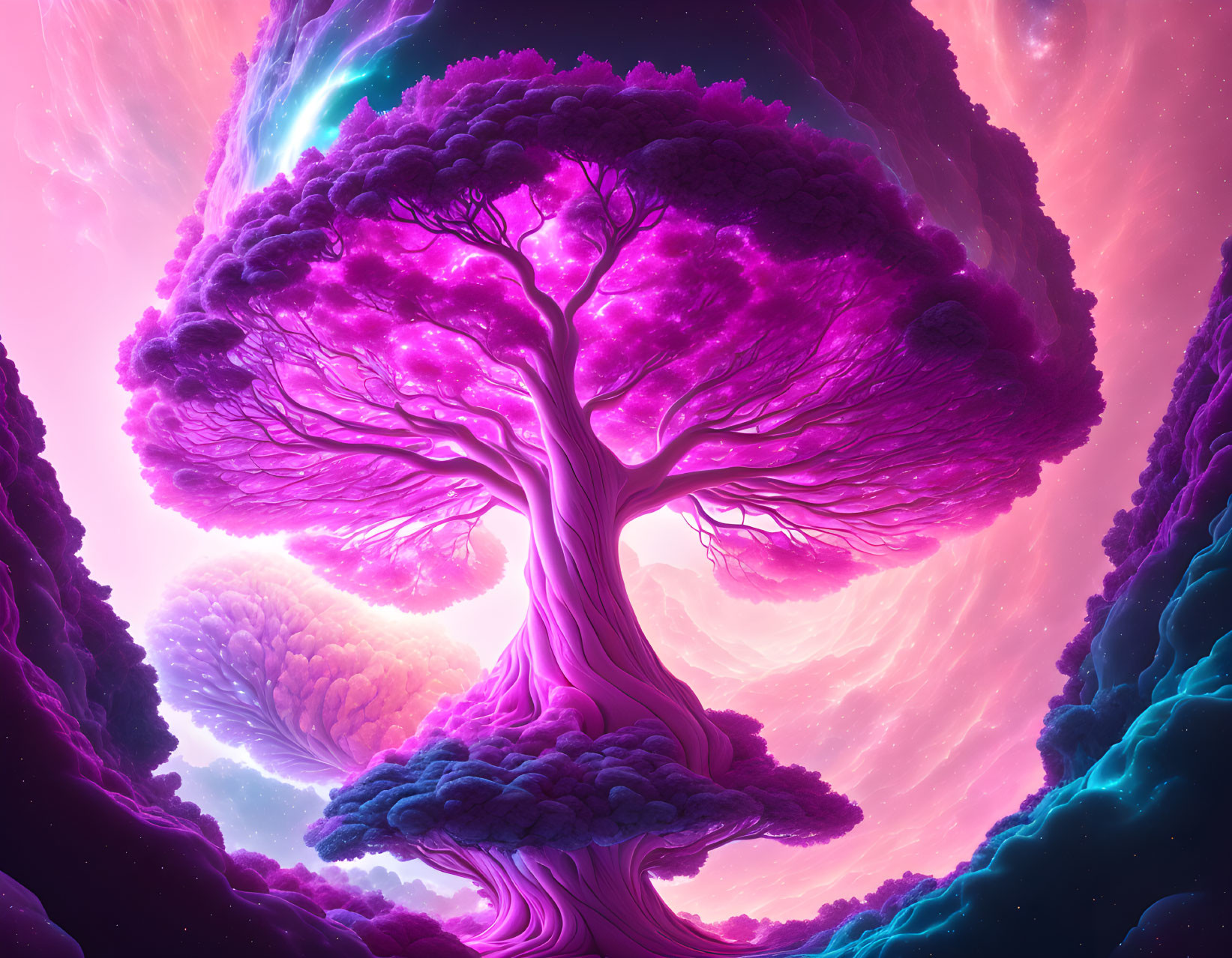 Vividly colored fantasy image: Massive purple tree under cosmic sky