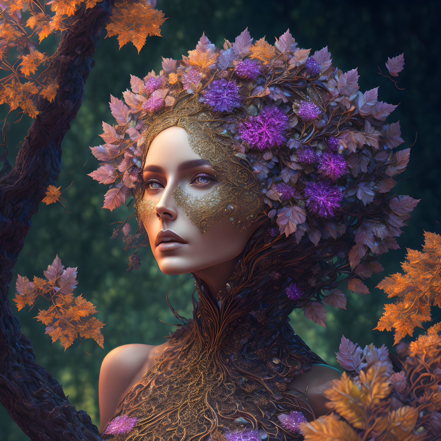 Portrait of a woman with elaborate autumn leaf and flower headdress.