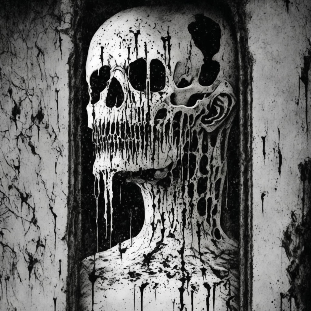 Monochrome melting skull with dark liquid on cracked background