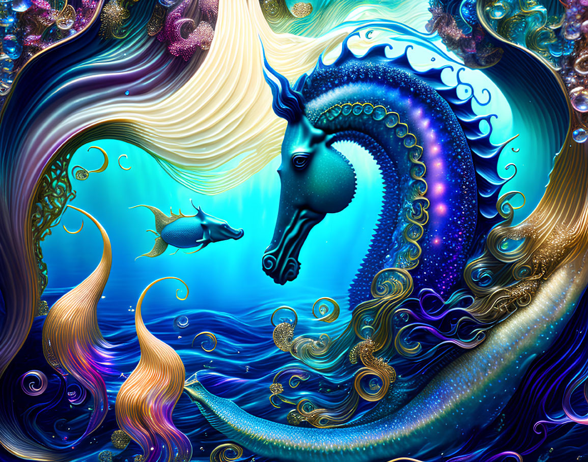 Colorful digital artwork: Stylized unicorn seahorse in underwater scene