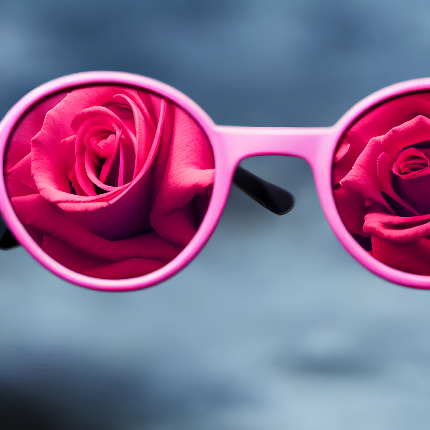 Pink Sunglasses with Rose Reflections on Blurry Blue Background