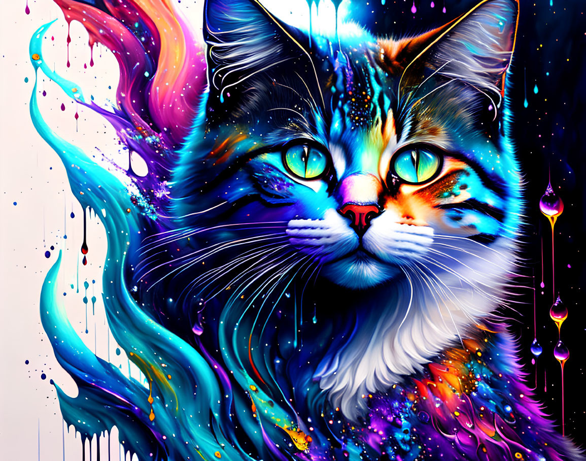 Colorful Neon Cat Artwork with Swirling Colors