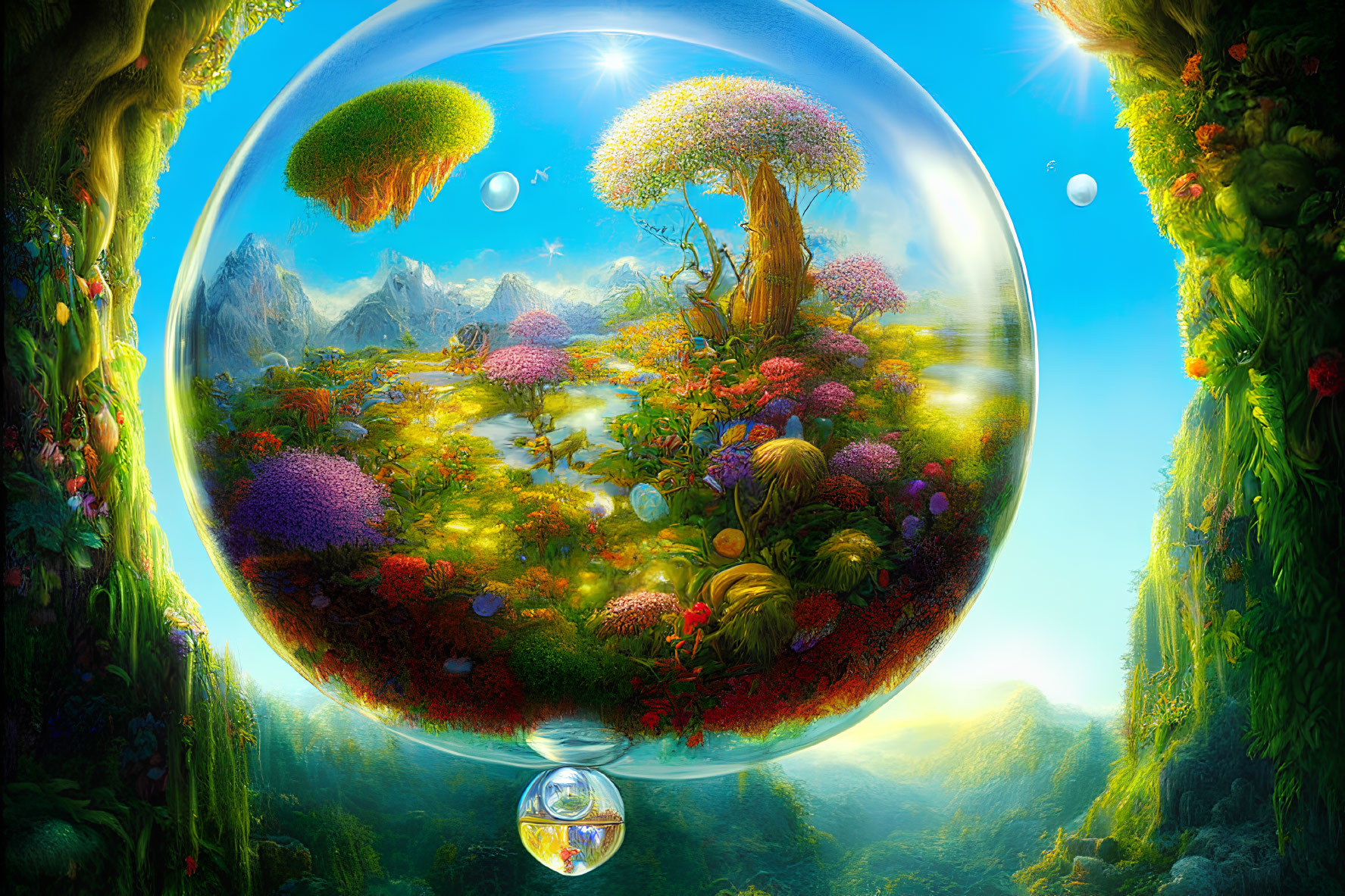 Colorful fantasy landscape in transparent sphere with mountains and floating islands