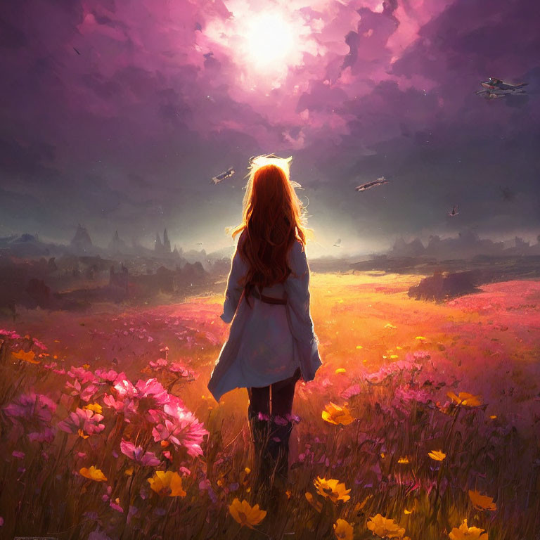 Red-haired girl in flower field under sunset sky with ships and castle