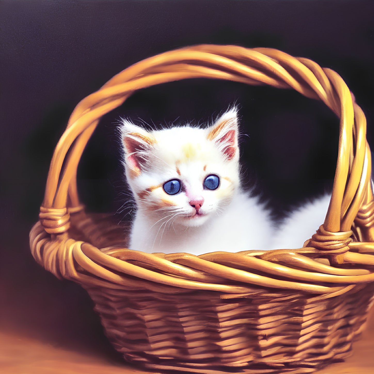 White kitten with blue eyes and light brown fur spots in woven basket.