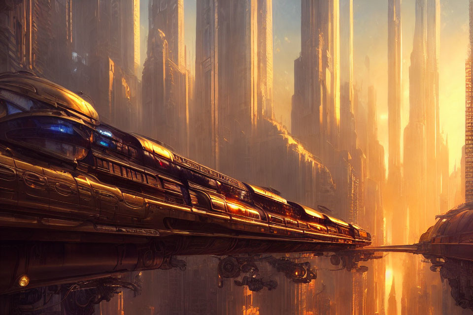 Futuristic train in golden-lit city with skyscrapers.