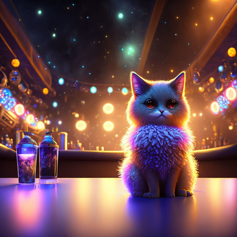 Fluffy cat with blue eyes on bar counter under starry sky