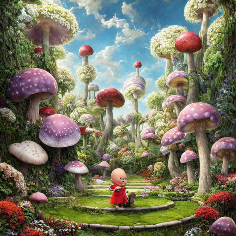 Colorful Oversized Mushrooms in Whimsical Forest Scene