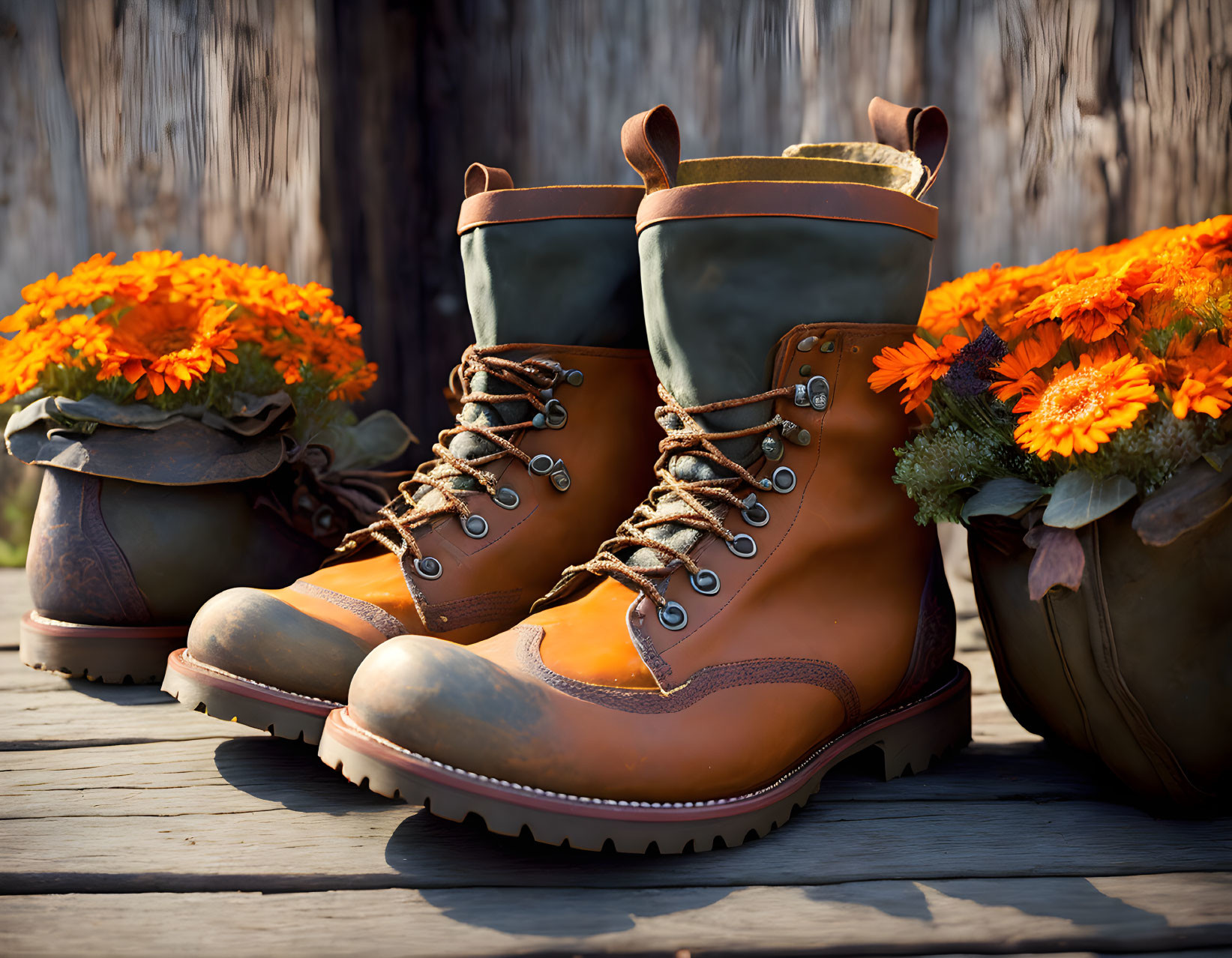 Leather hiking boots with orange flowers on wooden background