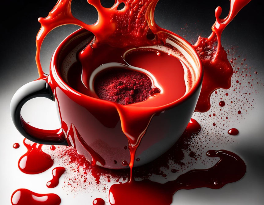 Dynamic Red Coffee Mug Splash on Dark Background