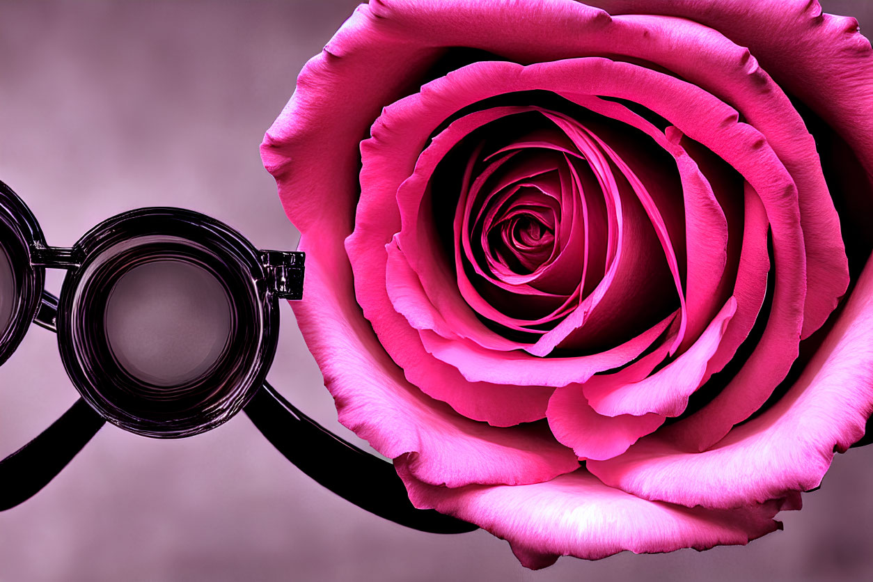 Vibrant pink rose and black spectacles on muted background