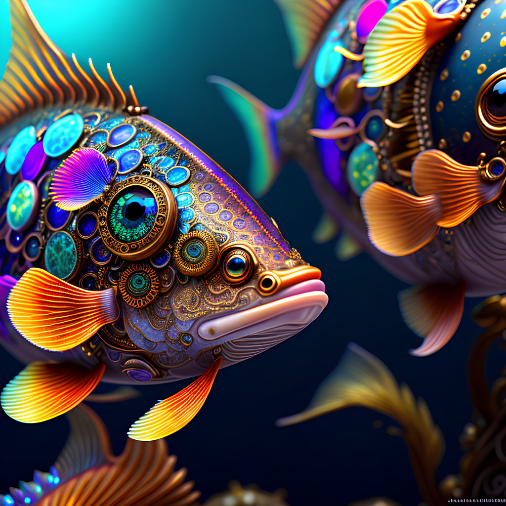 Digitally Illustrated Steampunk Fish with Gears on Blue Background