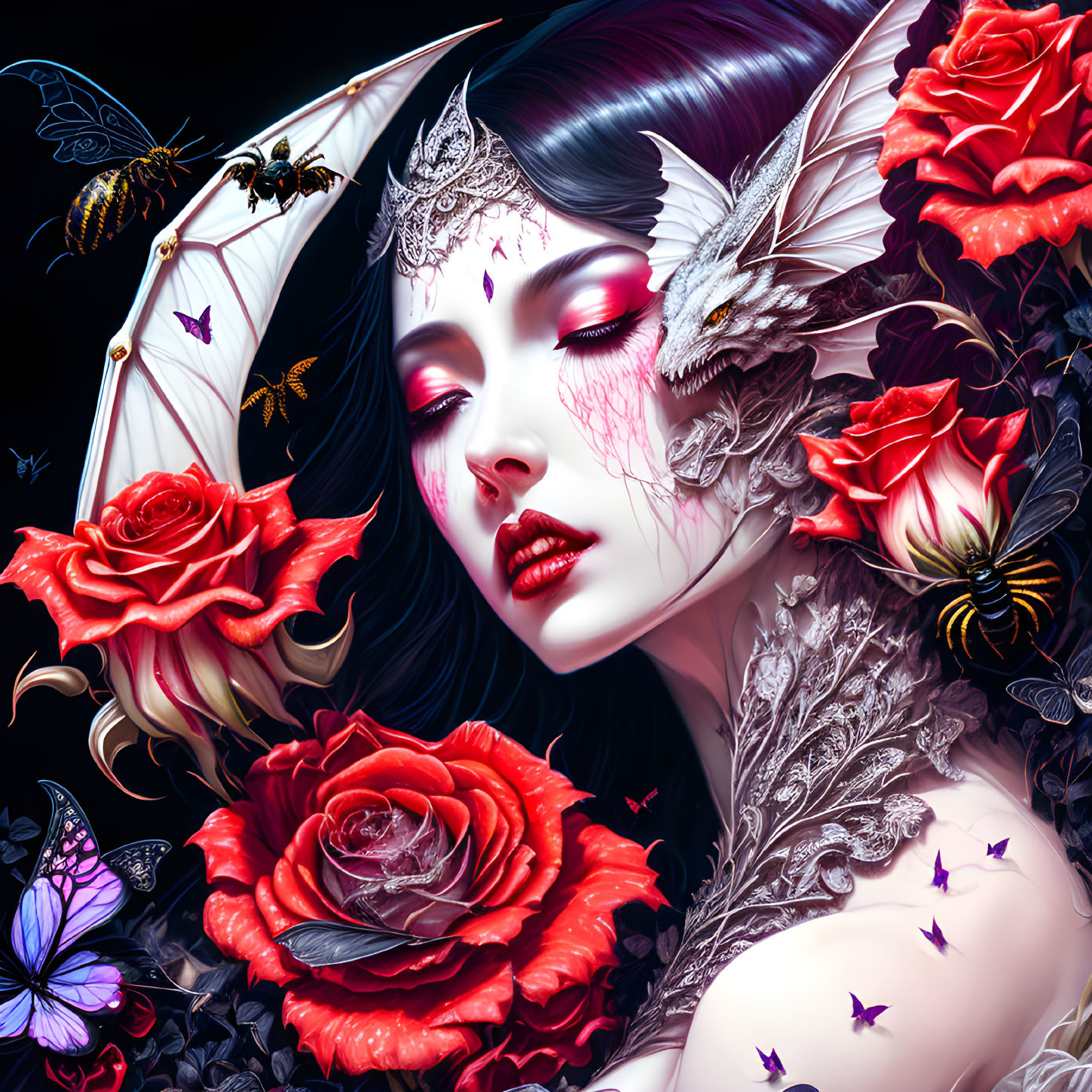 Fantasy portrait of woman with pale skin, red roses, butterflies, owl, lace, and jewels