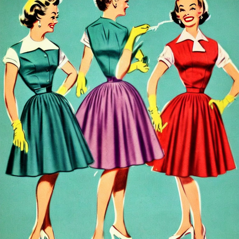 Three women in vintage dresses and aprons, one in yellow gloves