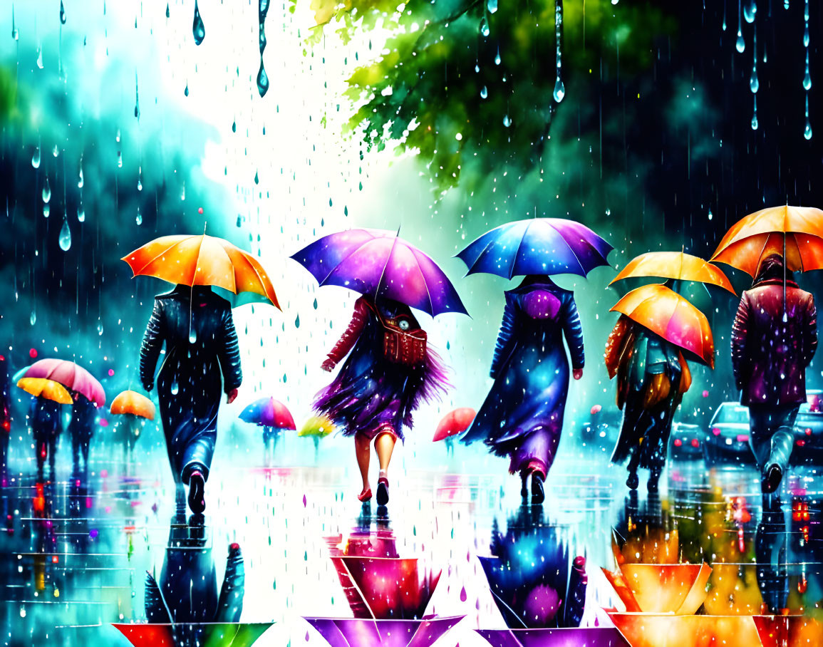 Vibrant Rainy Street Scene with Colorful Umbrellas