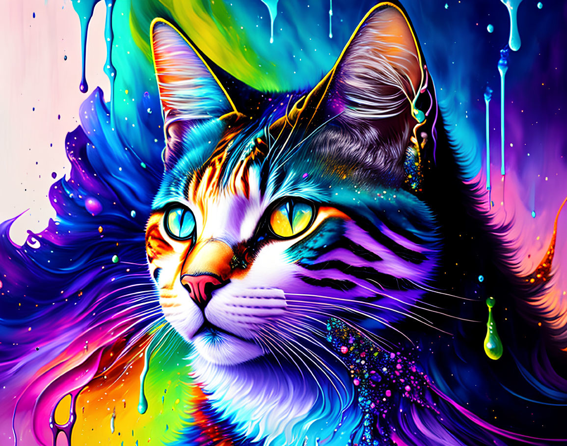 Colorful Cat Artwork with Rainbow Hues and Paint Drips on Dark Background