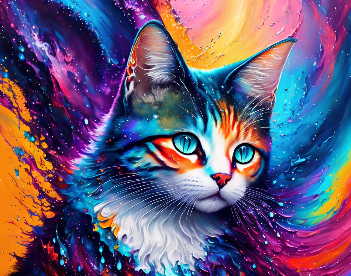 Colorful Digital Artwork: Cat with Multicolored Fur and Red Eyes on Psychedelic Background