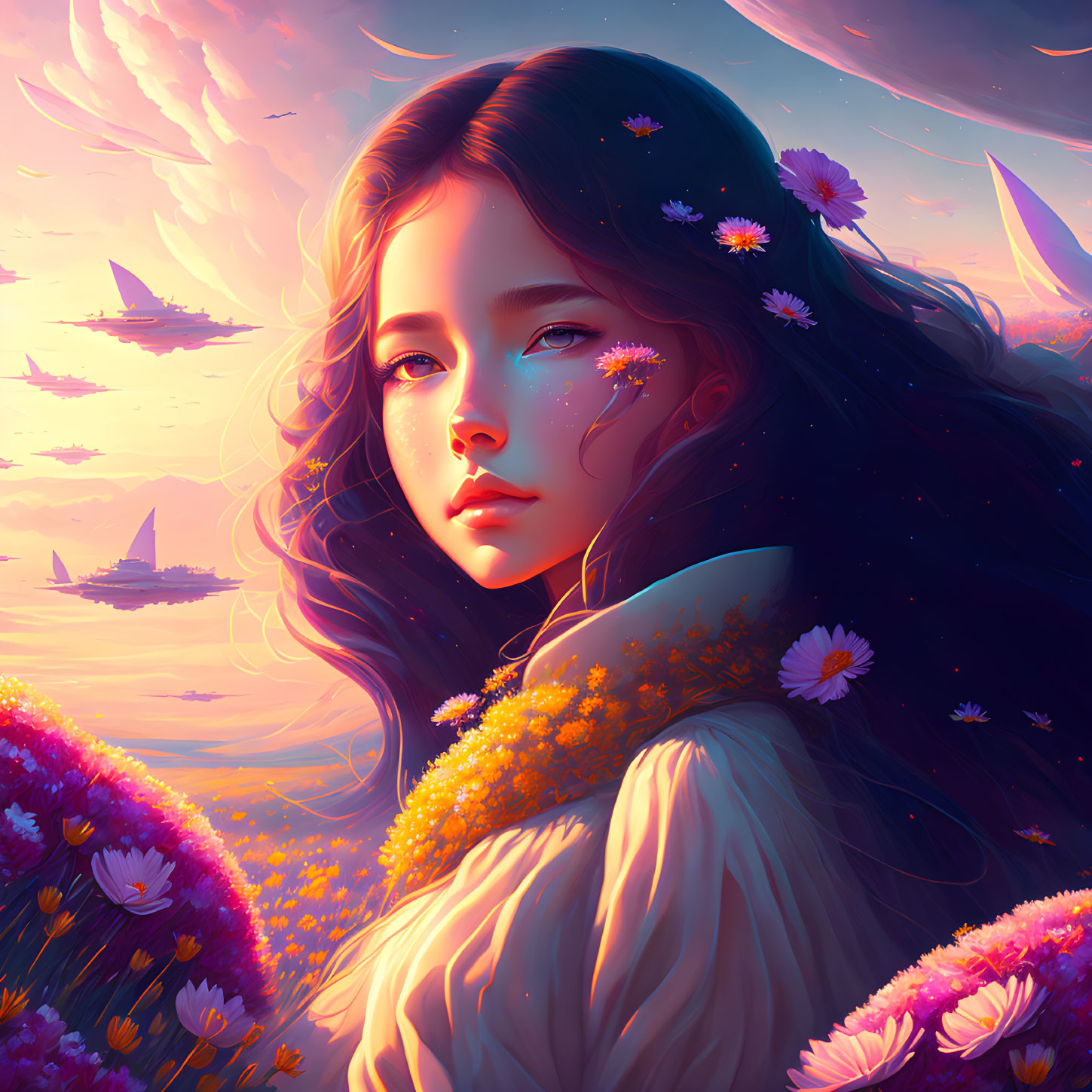 Illustrated portrait of woman with flowers in her hair against surreal sunset sky