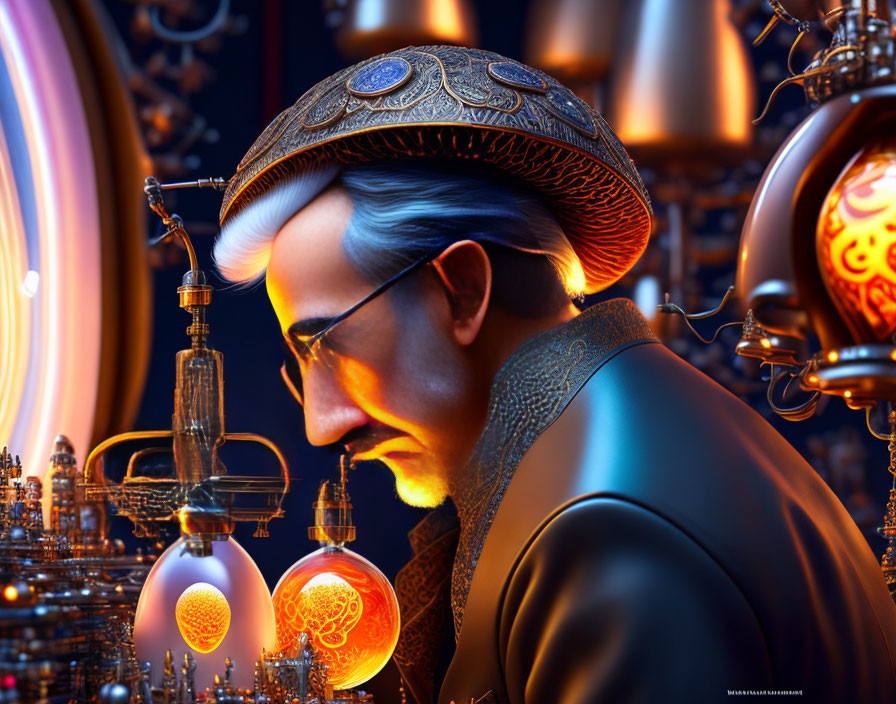 Elderly scholar in ornate hat surrounded by glowing orbs and mechanical devices