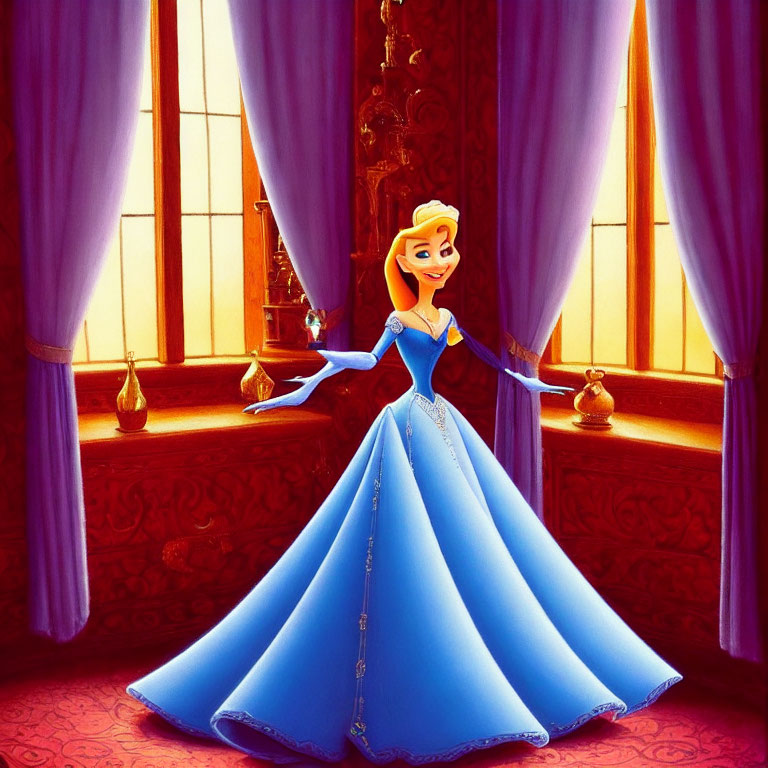 Animated princess in blue gown in royal room with purple drapes