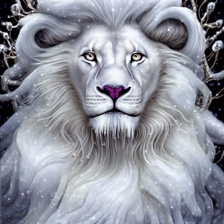 White Lion with Swirling Horns in Snowy Scene