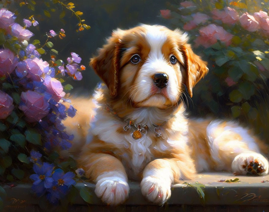 Fluffy Brown and White Puppy Among Colorful Flowers in Serene Painting