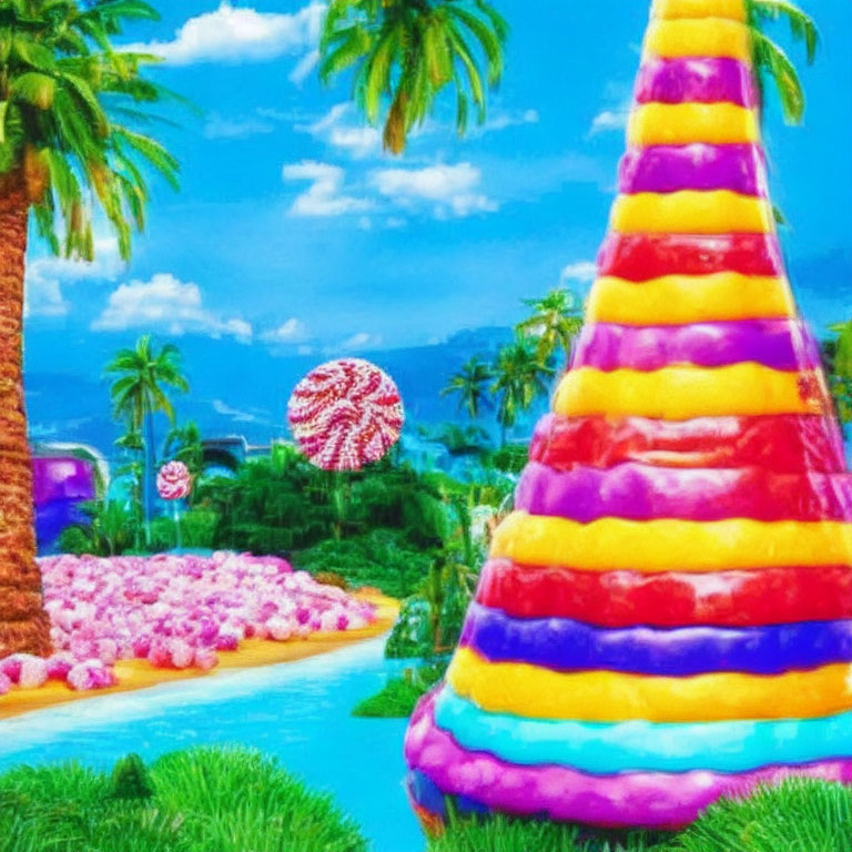 Colorful Fantasy Landscape with Candy-Like Tree, Blue River, Palm Trees, and Ferris Wheel