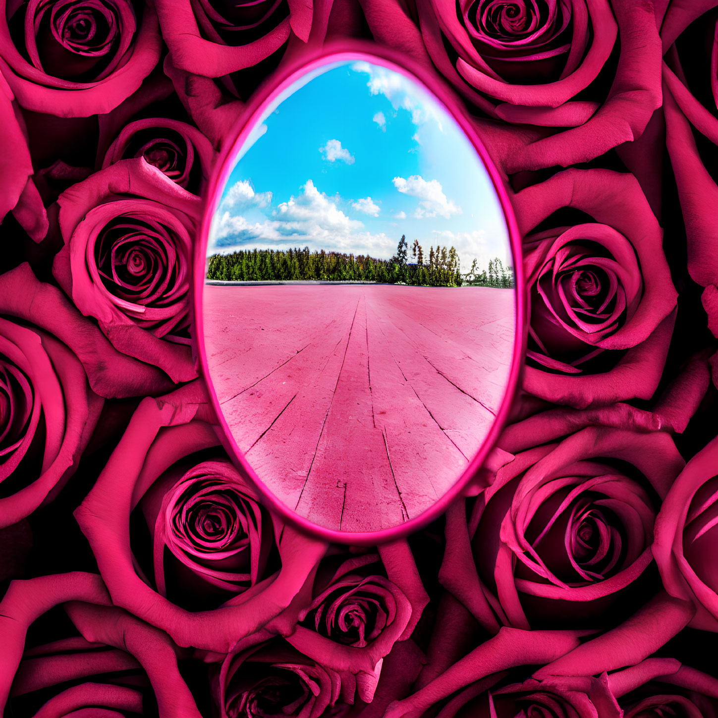 Circular mirror reflecting blue sky and tree line on pink surface with pink roses