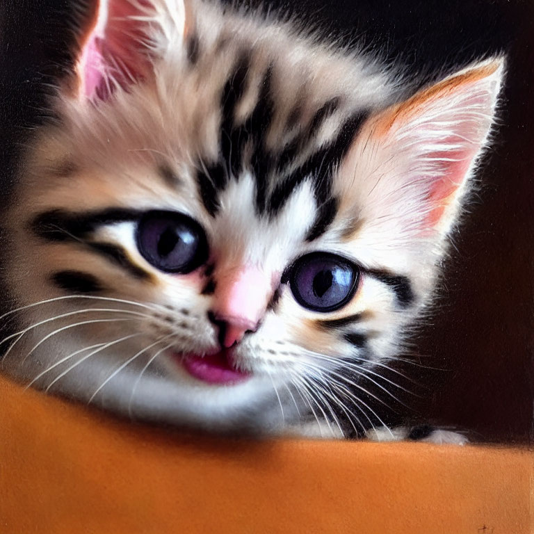 Adorable kitten with purple eyes and striped fur peeking over edge