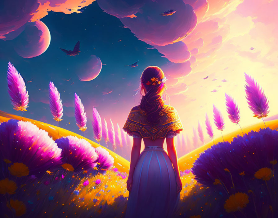 Woman admires surreal sunset sky with purple clouds, feathers, vibrant flowers, and birds in flight