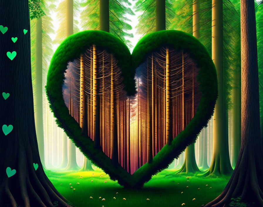 Heart-shaped opening in lush forest with sunlight filtering through trees