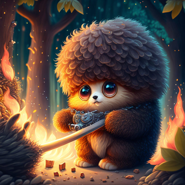 Fluffy creature with flute in enchanted forest scene