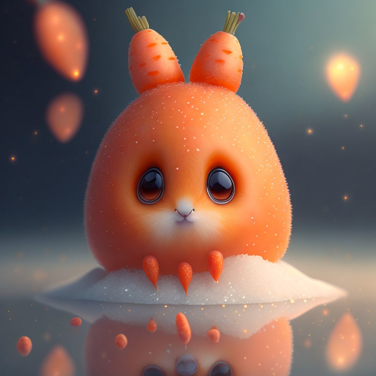 Chubby orange bunny-like creature with carrot ears and glowing orbs on reflective surface