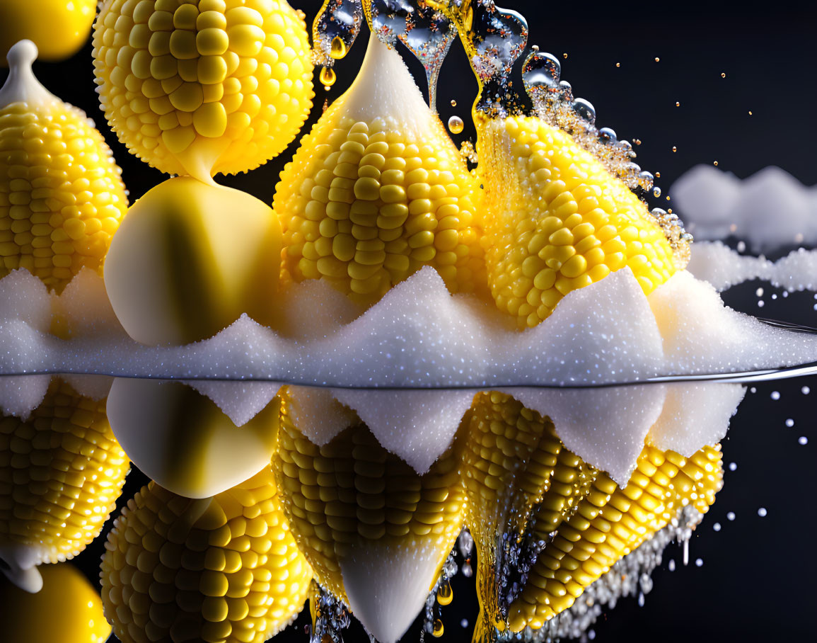 Yellow spherical structures and white foam on dark background: Abstract 3D render.