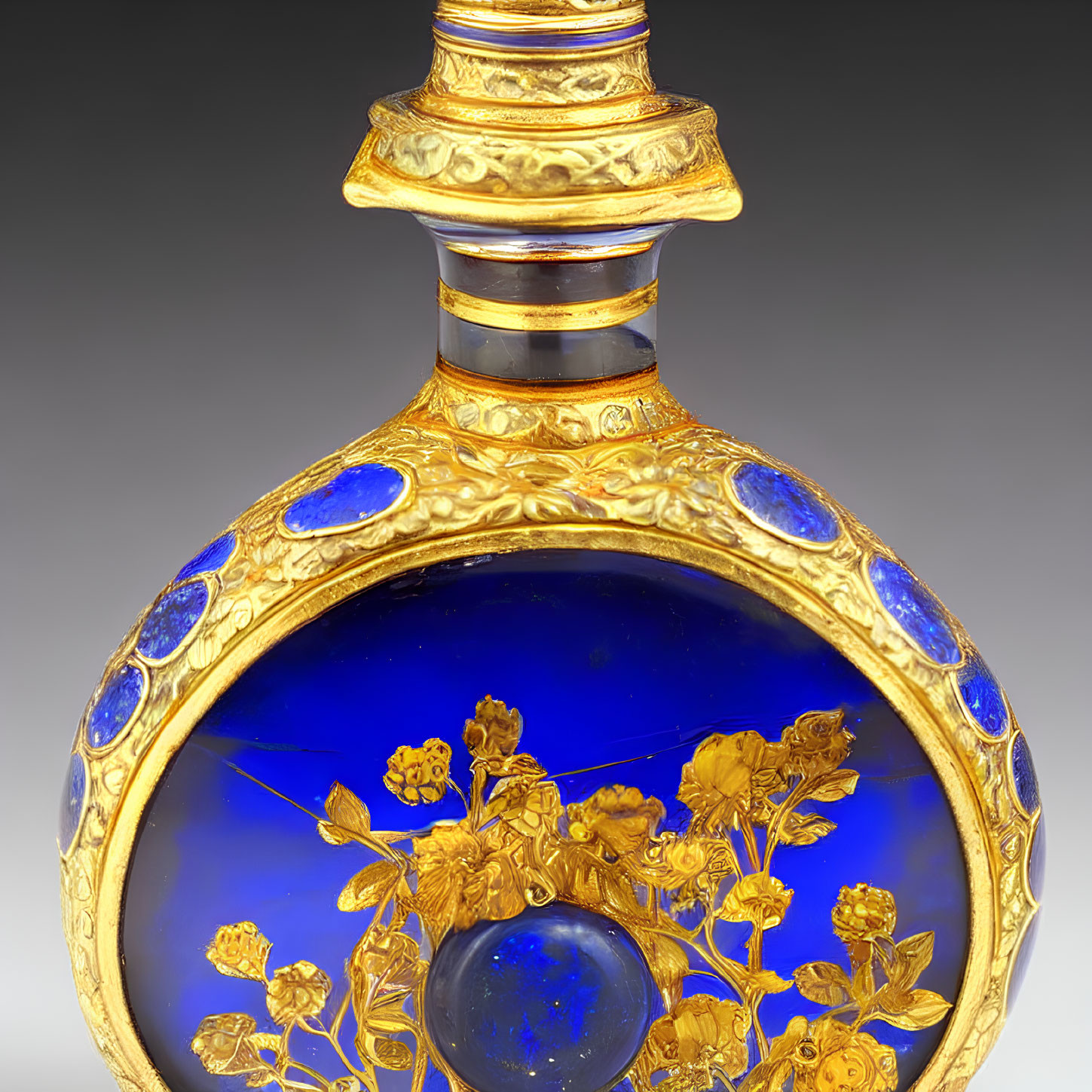 Circular Cobalt-Blue Glass Flask with Gold Detailing and Floral Patterns