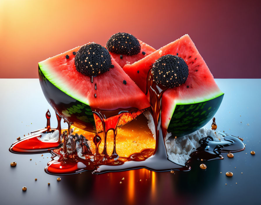 Fresh sliced watermelon with dripping black liquid on red-orange background