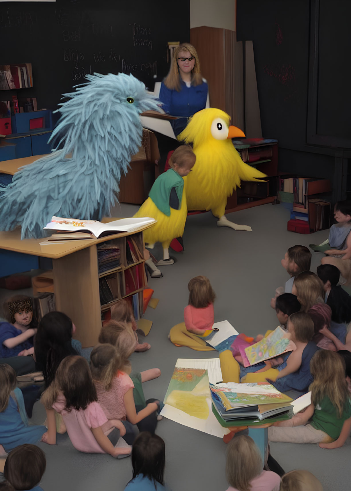 Classroom Scene with Children, Colorful Bird-Like Creatures, and Smiling Teacher