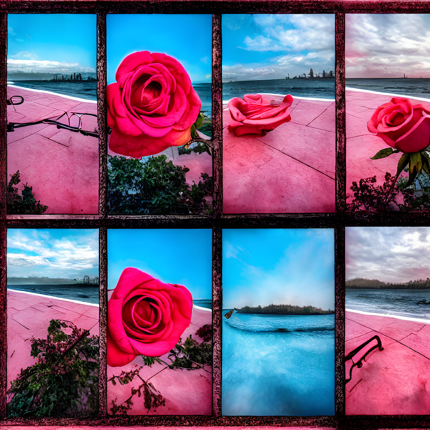 Collage of Red Rose Contrasted with Tranquil Outdoor Scenes