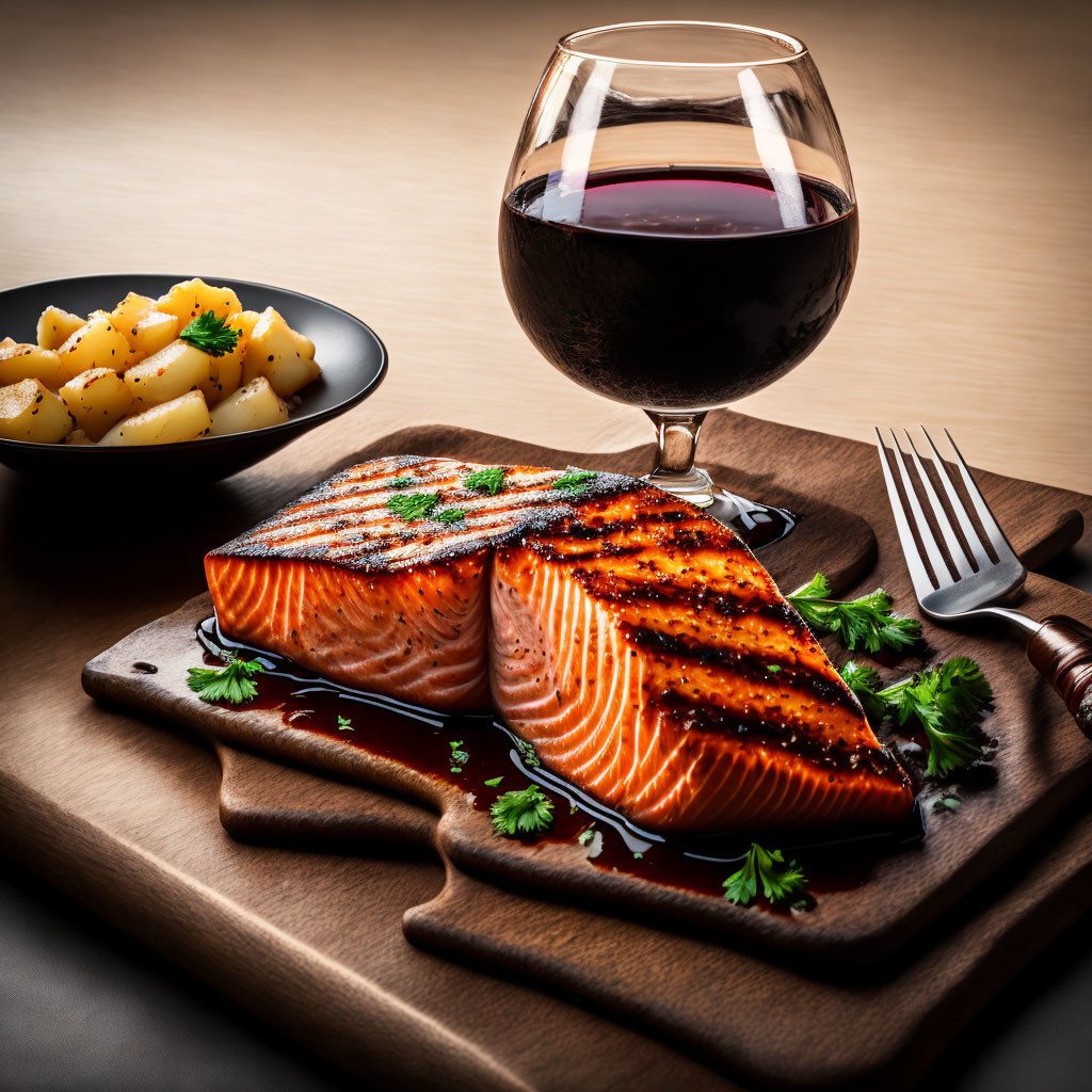 Grilled Salmon Fillet with Grill Marks, Parsley, Red Wine, and Seasoned Potatoes