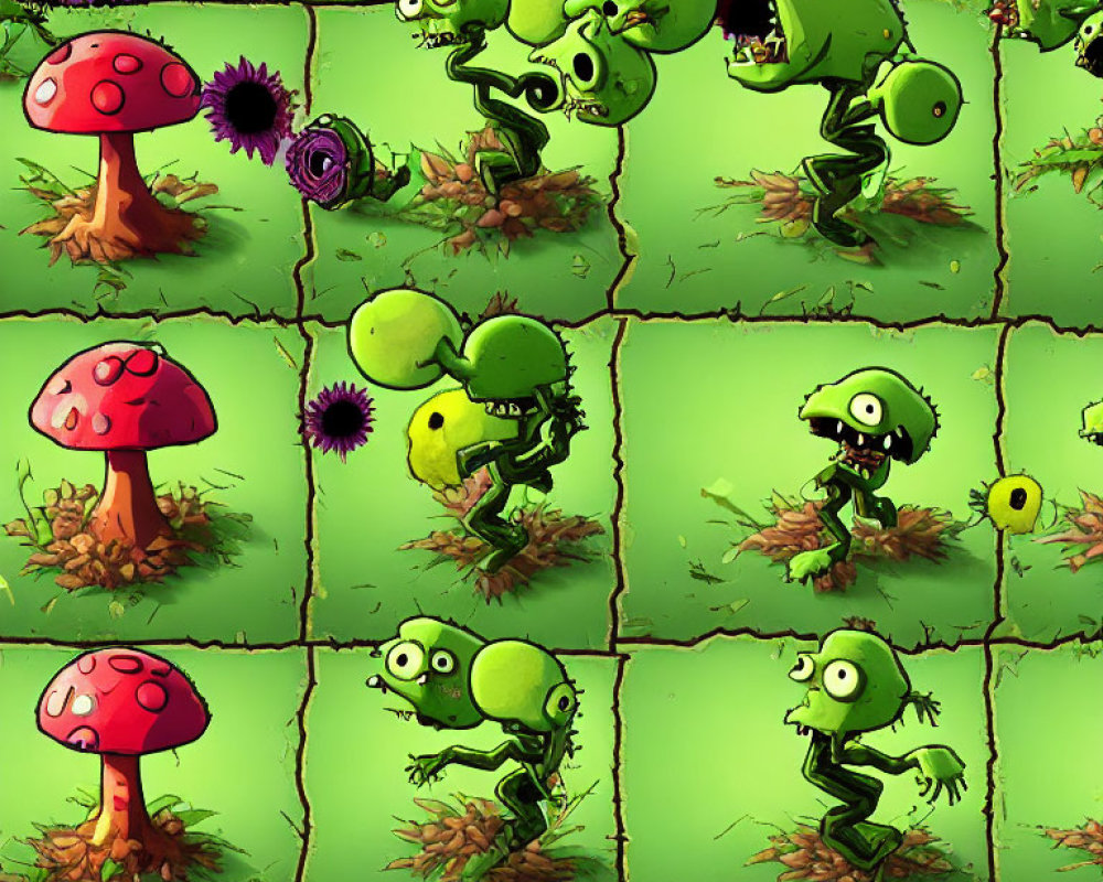 Cartoon zombie illustrations in various stages emerging from the ground among plants