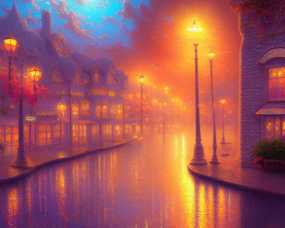 Misty cobblestone street at dusk with glowing lamps and serene water canal.